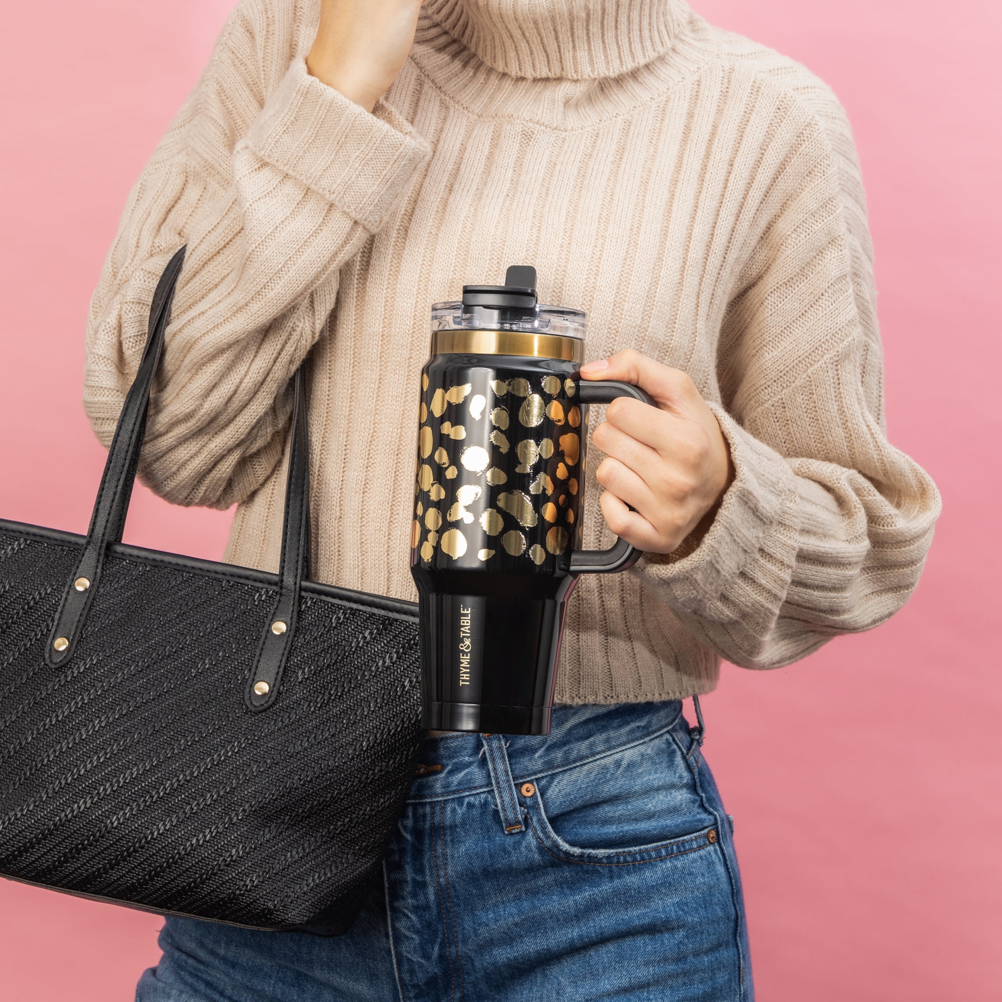 Thyme & Table 32oz Tumbler with Handle, Dual Straw Lid, Stainless Steel Double Wall Insulated, Black & Gold Dot