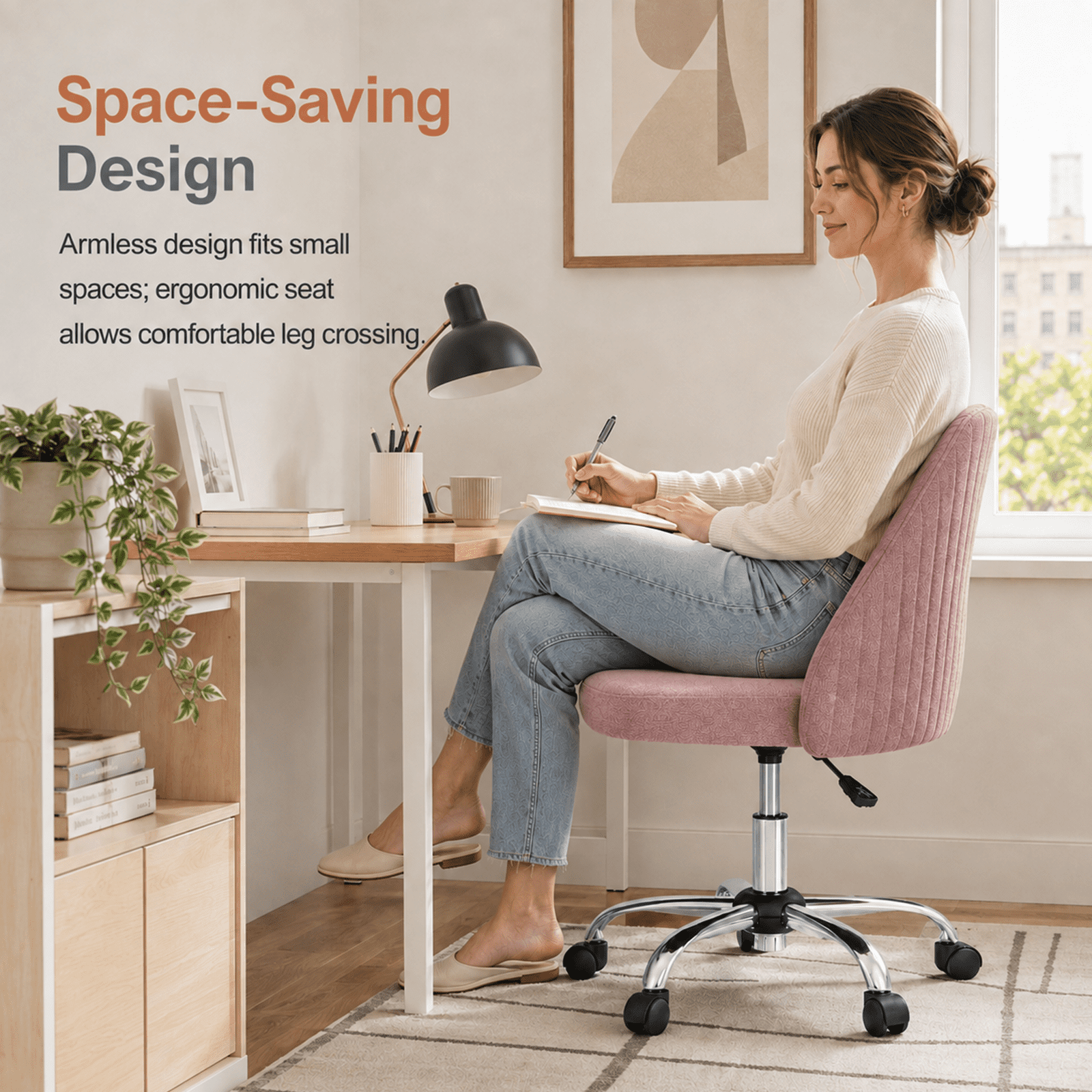 Alvantor Comfy Office Chair, Adjustable Swivel Desk Chair with Wheels, Wide Seating, Modern Fabric Vanity Chair
