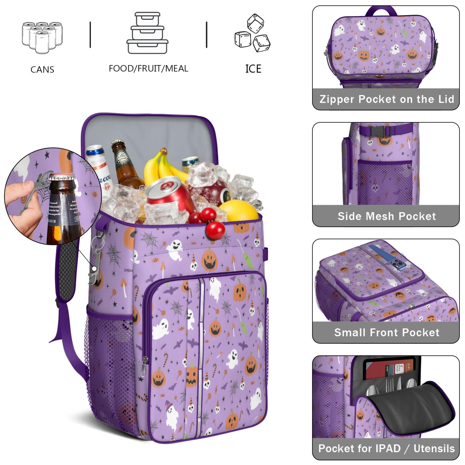 Travel Cooler Bag - Purple Halloween Pattern Camping Beer Cooler Backpack with Bottle Opener- Waterproof Insulated Picnic Backpacks - Cooler Bag for Beach