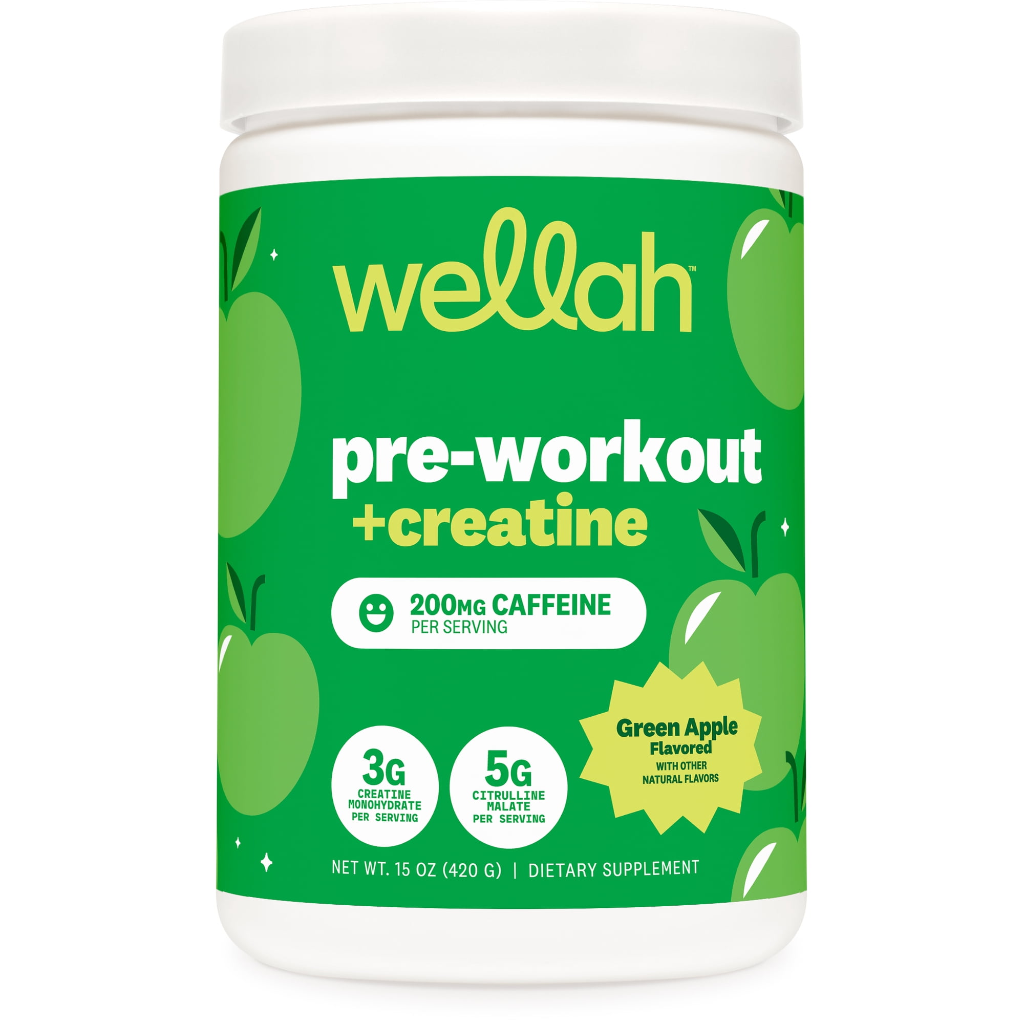 Wellah Pre-Workout + Creatine Powder (30 Servings) Green Apple - 200mg Caffeine, 3g Creatine Monohydrate, 5g Citrulline Malate, Pre-Workout with Creatine Supplement