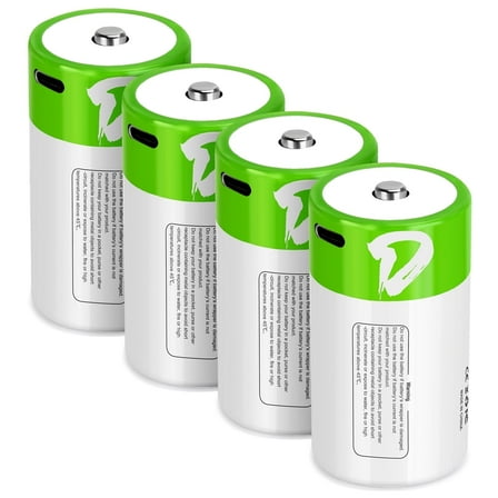 wowpower Rechargeable Lithium D  Batteries 1.5 V 7500mWh with USB-C Charging Cable for Flashlight Floodliggt & Toys(4 Pack)