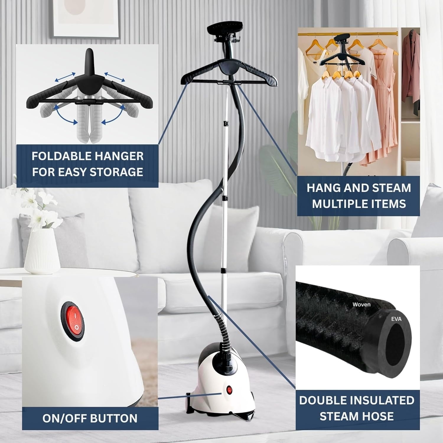 Full-Size Clothes Steamer - 1500W Power, 1.8L Water Tank, 60-Min Garment Steam, Iron Clothing, Adjustable Pole & Wheels for Easy Storage, Professional Standing Steamer for Clothes, White