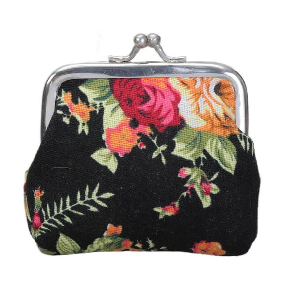 T-HOTLYST Women Girl Canvas Change Purse Change Pouch with Kiss Lock Clasp Coin Purse Floral Coin Wallet for Daily Evening Party