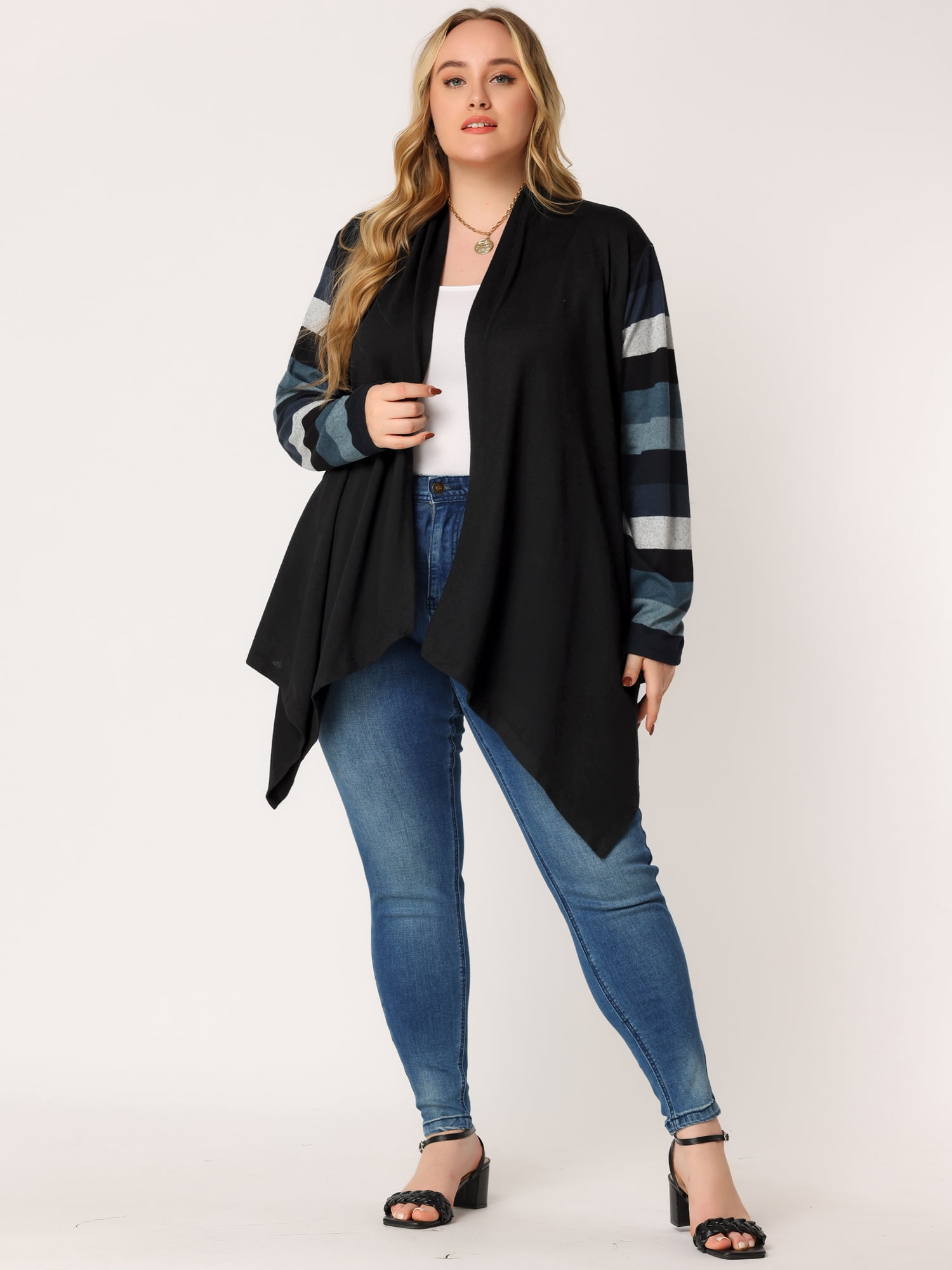 DARING DIVA Plus Size Striped Open Front Knit Cardigan Sweaters Shrugs 2X Black