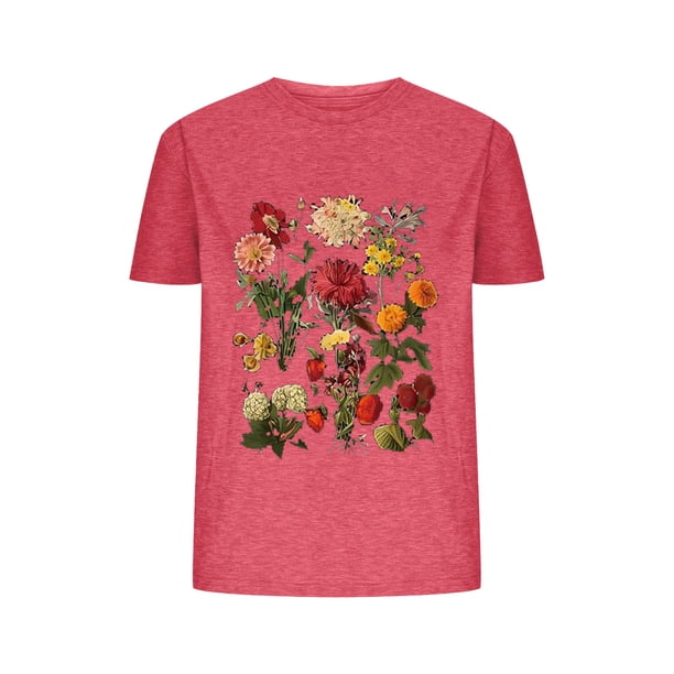 Blusas de Verano de las Mujeres Flor Impresa Cuello Redondo Manga Corta Superior, Verano Superior de las Mujeres