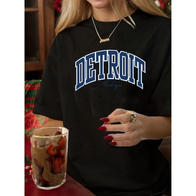 Women's Vintage-Inspired "DETROIT" Graphic Tee - Casual Round Neck, Short Sleeve, Polyester, Machine Washable, in Black with Blue & White Print, Perfect for Summer