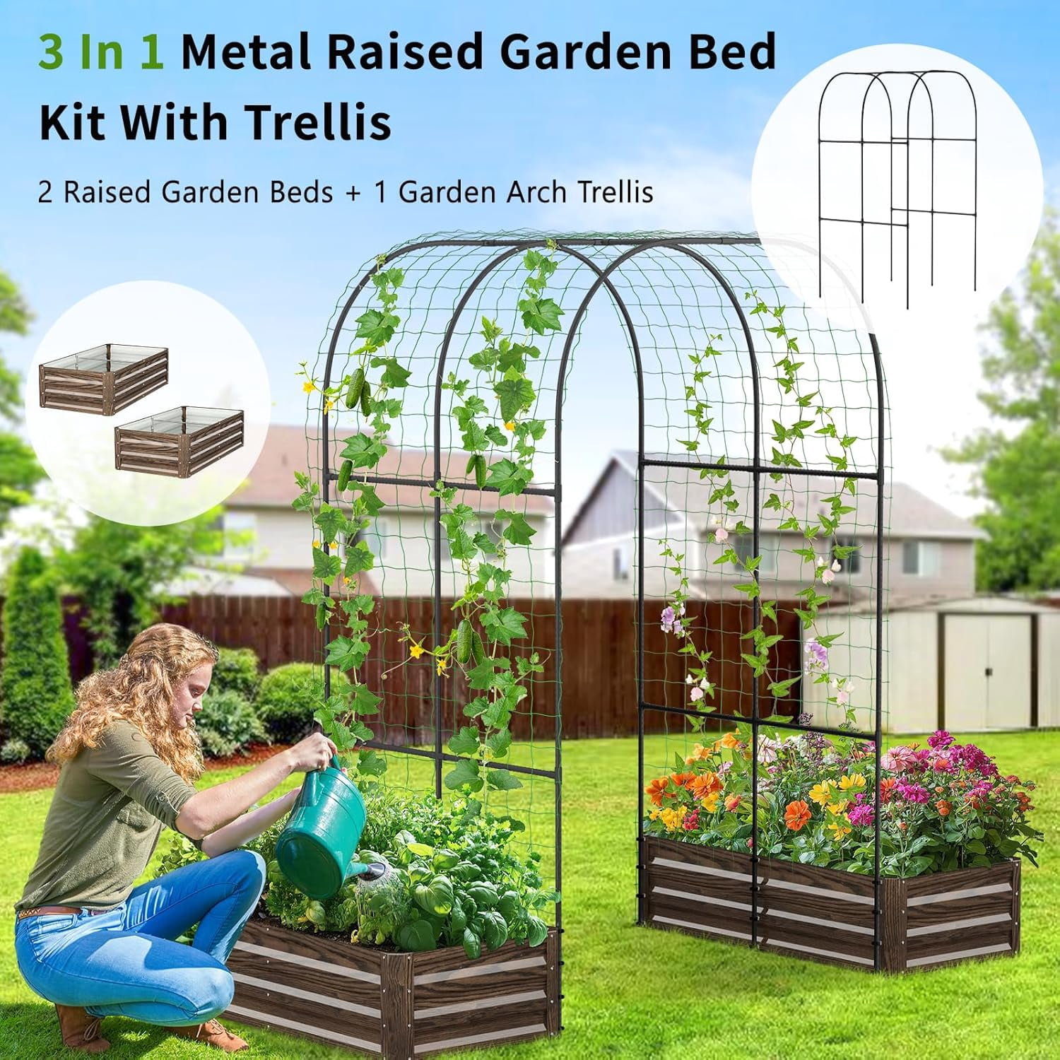 Slsy Galvanized Raised Garden Bed with 87in Tall Garden Trellis Metal Plant Support Trellis Archway for Vegetables Flowers Herbs,Wood Grain