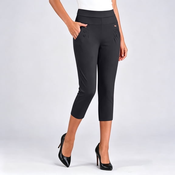 Noric Women's Plus SizeCapri Pants High Waist Casual Cropped Leggings with Button Pockets for Summer