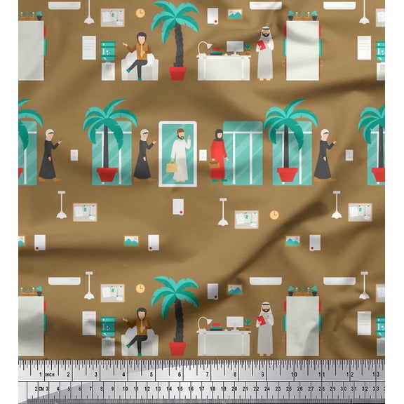 Soimoi Brown Velvet Fabric Palm Tree & Dubai People Human Figure Printed Fabric 1 Yard 58 Inch Wide