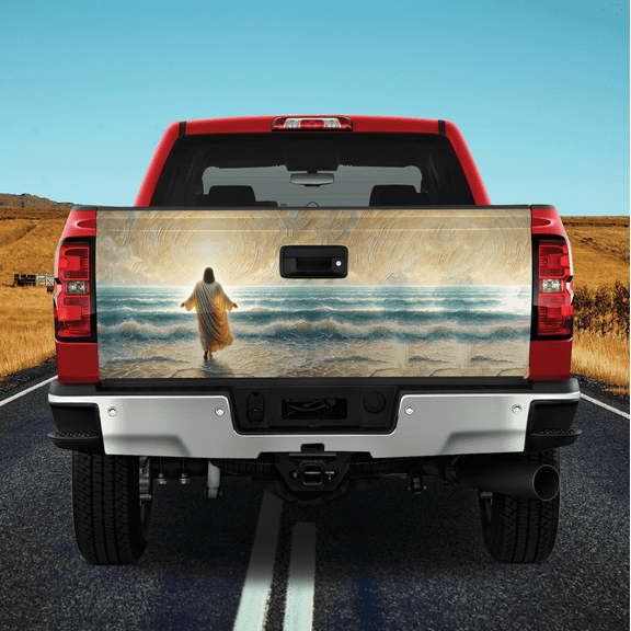Lotusprinthandmade Christian Faith Art Jesus Christ Walking on Water Tailgate Wrap 2 Sizes (24"x58"), Faith-Based Truck Wrap, Religious-Themed Tailgate Wrap