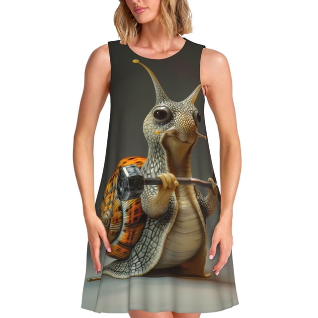 Easygdp Surreal Weightlifting Snail para Vestido Transpirable de Mujer, Vestido Suelto de Manga Corta con Pliegues y Bolsillos para el Verano