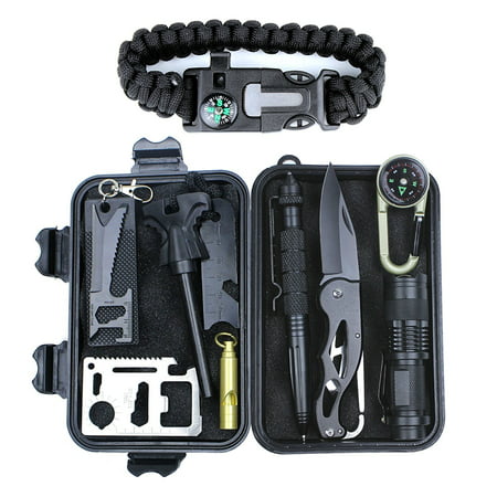 HSYTEK Survival Gear Kit 11 in 1 , Professional Outdoor Emergency Survival Tools Set with Saber Card | Survival Bracelet | Temperature Compass | Powerful Whistle for Hike Camp Earthquake