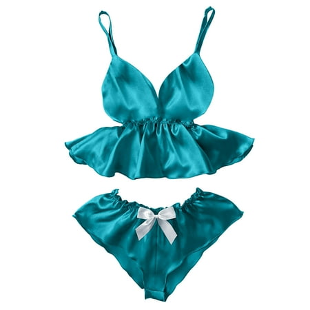 

Kakina CMSX Sexy Lingerie for Women Plus Size Women V-Neck Eyelash Lace Sexy Stain Camisole Pajamas Bowknot Shorts Set