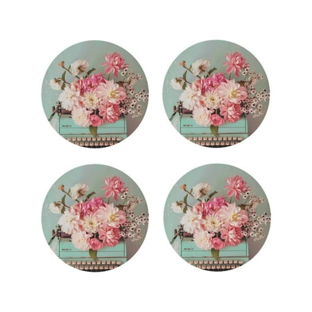 

Coasters Set of 4 - Vintage Typewriter Floral Drink Coasters for Tabletop Protection Leather Coasters for Living Room Decor and Housewarming Gift Round Shape