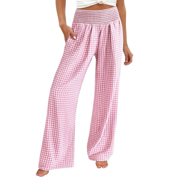 IWRICH Women's Striped Gingham Palazzo Pants Wide Leg High Waisted Home Pajama Pants Cute Casual Trousers with Pockets Pink XL