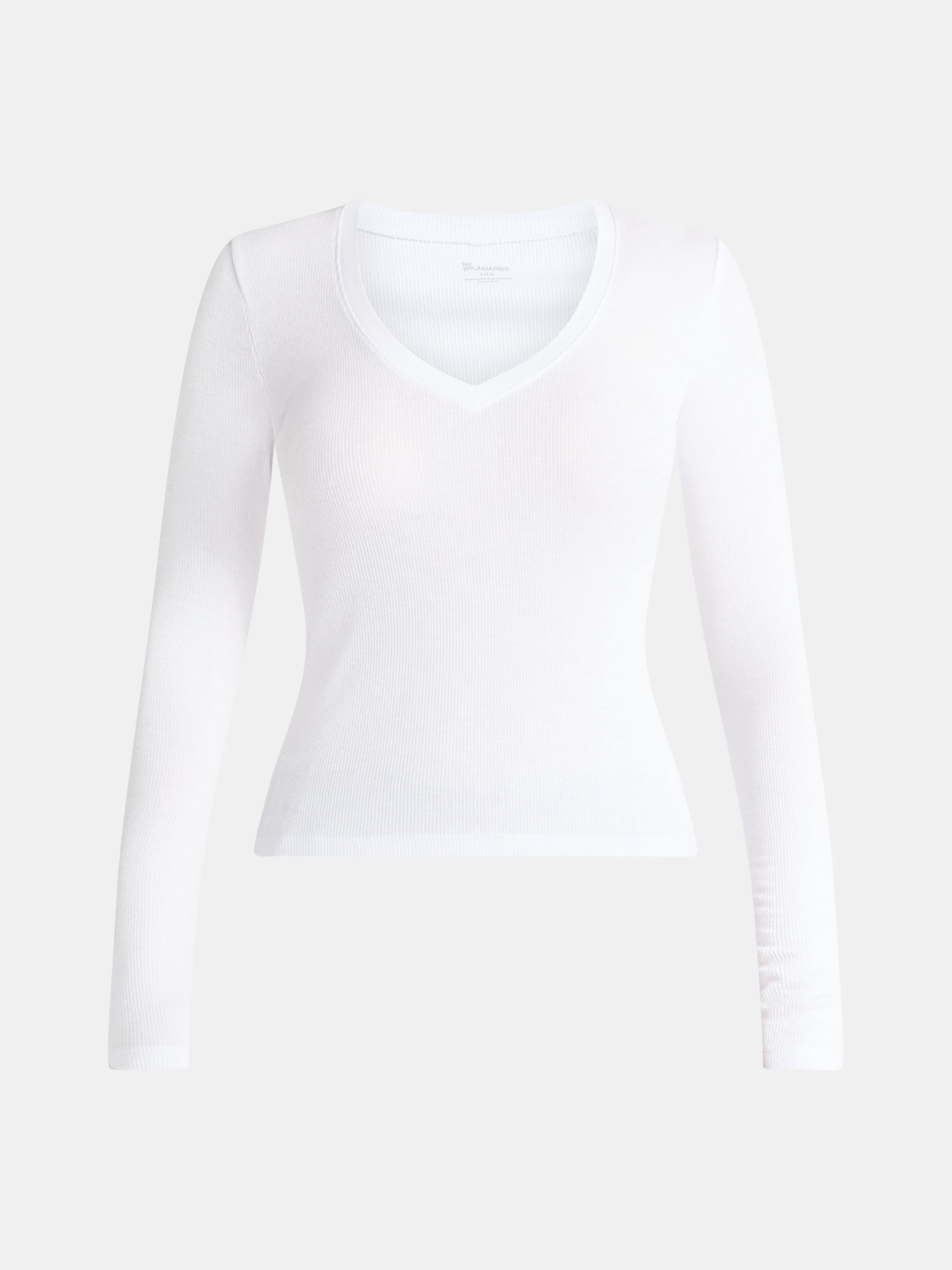No Boundaries V-Neck Ribbed Top with Long Sleeves, Women’s
