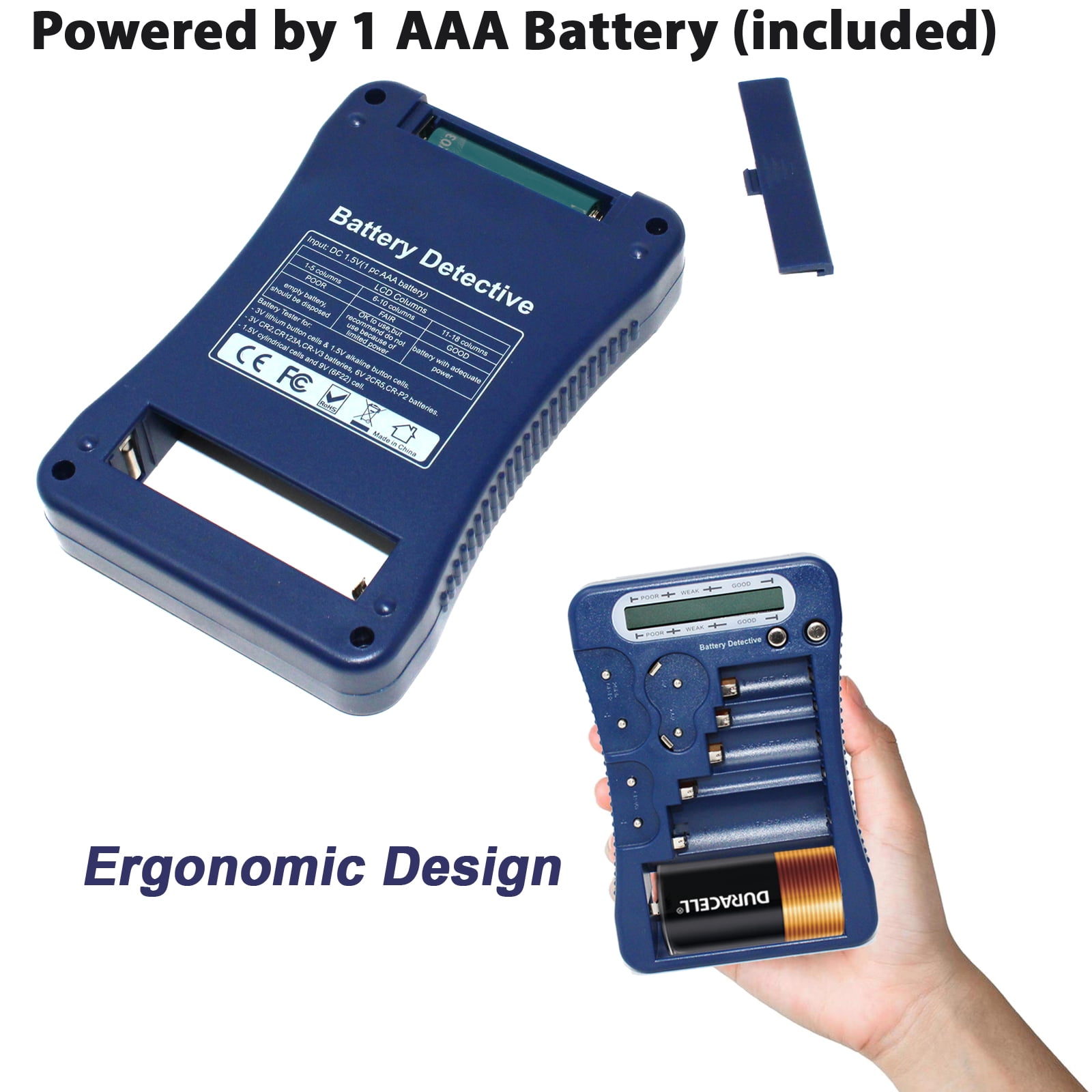 Battery Detective 12 Type Battery Tester (Blue) with LCD Display for Household Batteries AA AAA C D 9V CR2032 CR123A N/LR1 CR2 CR-V3 2CR5 CR-P2 1.5V/3V Button Cell Batteries +AAA Batteries (36-Pack)