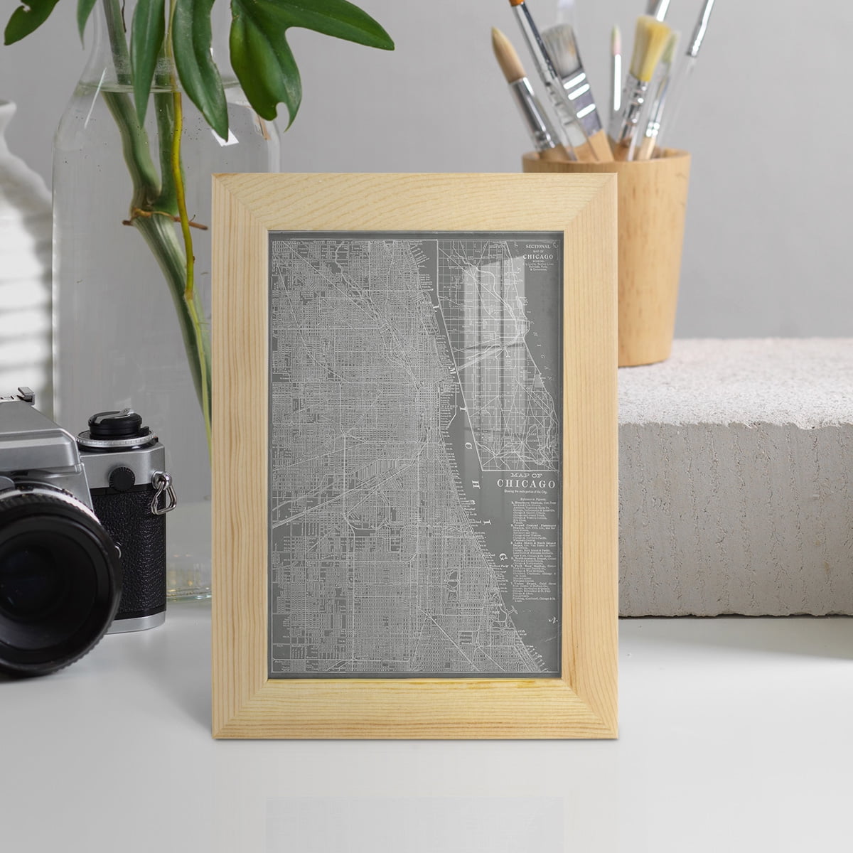 City Map of Chicago -Framed Print w/glass-Natural Wood