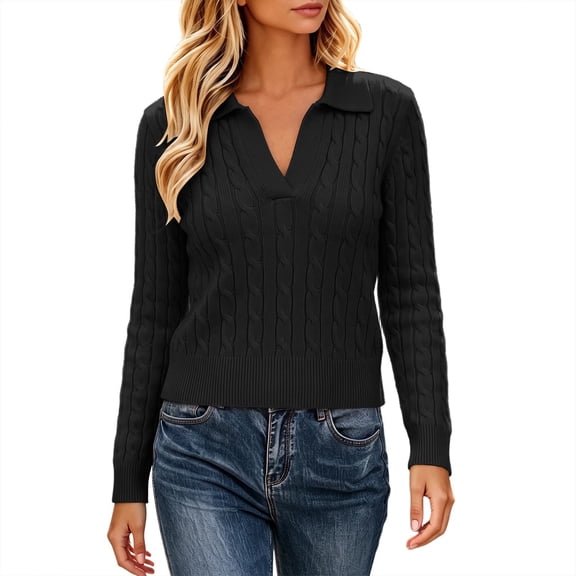 ClodeEU Women's Ribbed Collared V Neck Long Sleeve Knit Top,Casual Slim Fit Sweater Shirt ,Women's Plus L