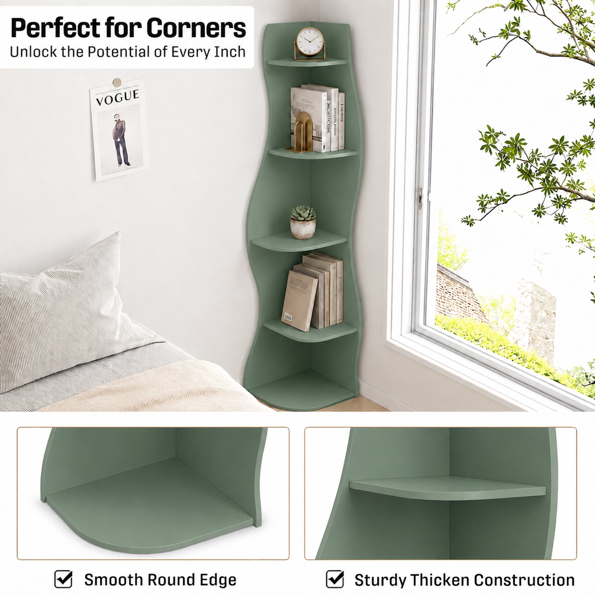 Leumius 5-Tier Bookshelf,Freestanding S-Shaped Corner Shelf Curved Display Rack,Space-Saving Corner Display Bookshelf/Plant Stand for Living Room Home Office,Sage Green