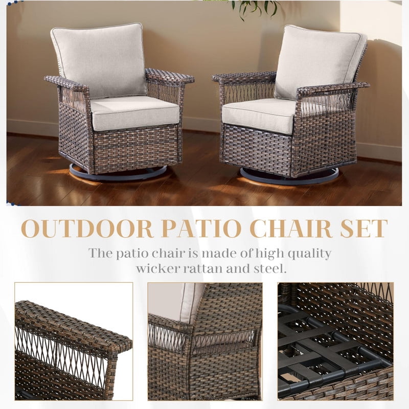 PARKWELL 5 Pieces Patio Furniture Set with Fire Pit Table, Outdoor All-Weather Wicker Conversation 360 Degree Swivel Gliders Chairs Set, Modern Seating Furniture for Porch Deck, Brown/Beige