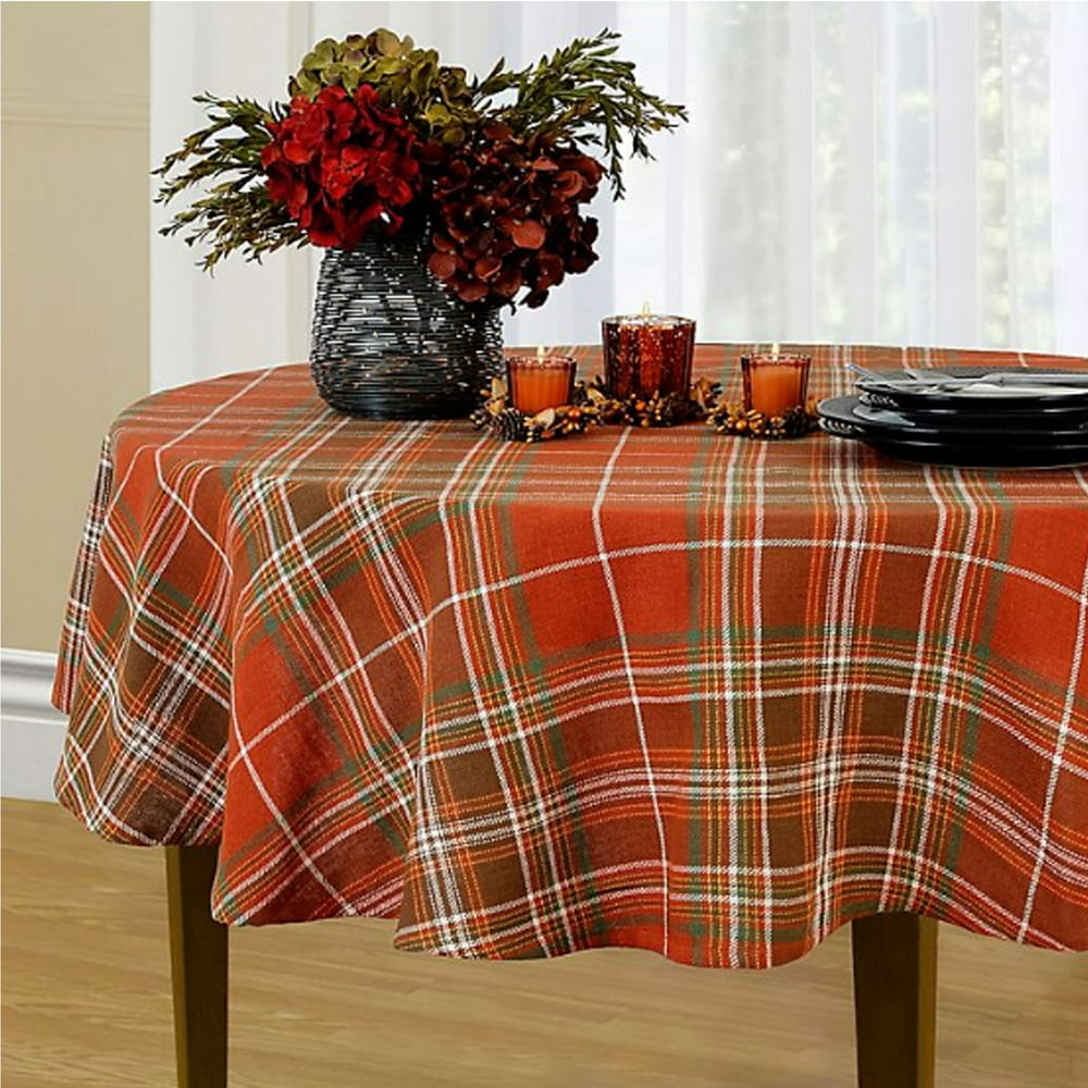 Loden Harvest Plaid 70 Round Tablecloth Fall Rust, Brown, Green, White