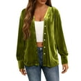 thumbnail image 2 of Lenpel Velvet Tops for Women Loose Vintage Long Sleeve V Neck Pleated Button down Shirts Dressy Casual Velour Blouses(Green,Small), 2 of 7