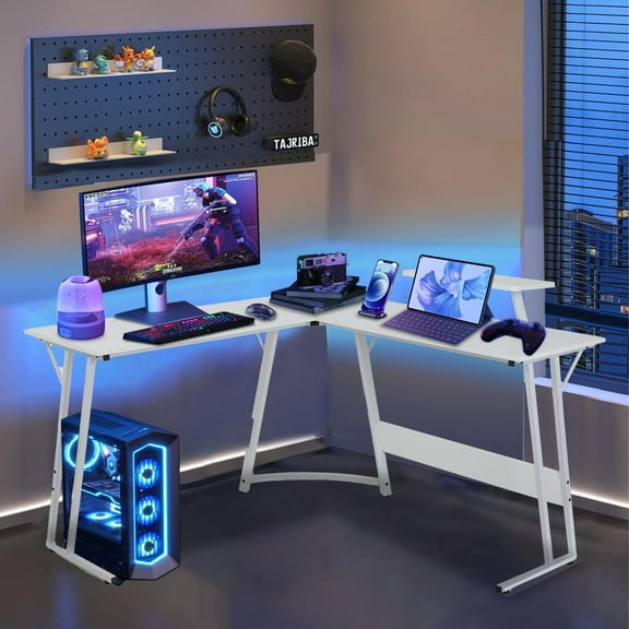 Dkelincs L Shaped Gaming Desk 50.4 inch Corner Computer Desk Table with Removable Shelf for Home Office, White