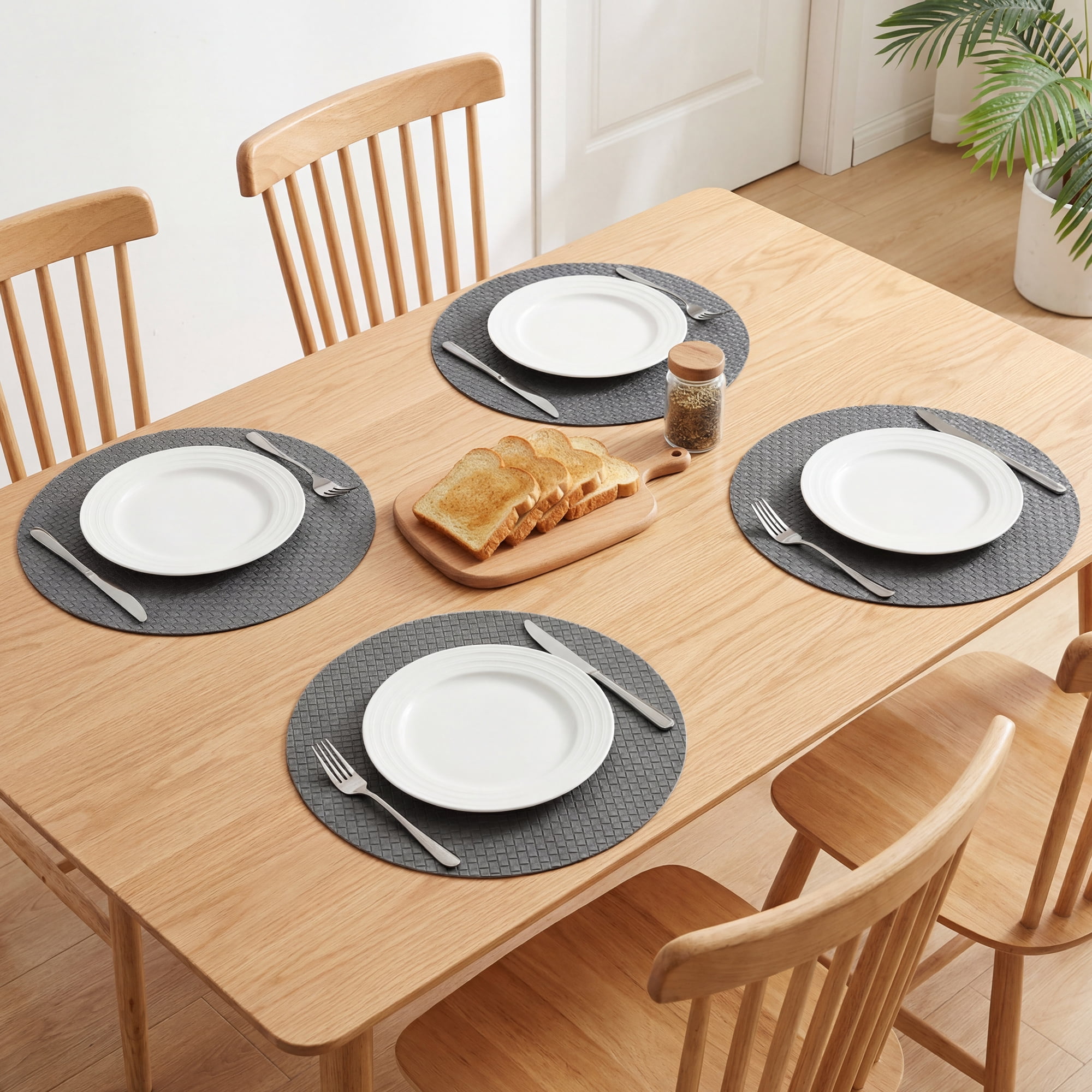 Unique Bargains Round Placemats 6pcs Faux Leather Placemats Dark Gray 15"x15"