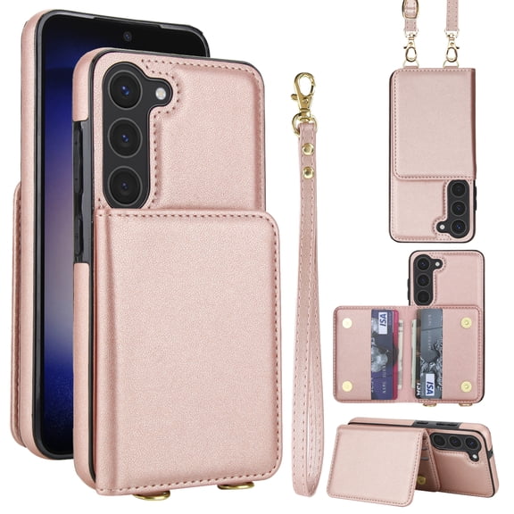 For Samsung Galaxy S23 Phone Case Wallet Card Holder,RFID Blocking PU Leather Back Magnetic Flip Kickstand Folio Case Wrist Lanyard & Crossbody Strap Protective Women Girls Cover,Rosegold