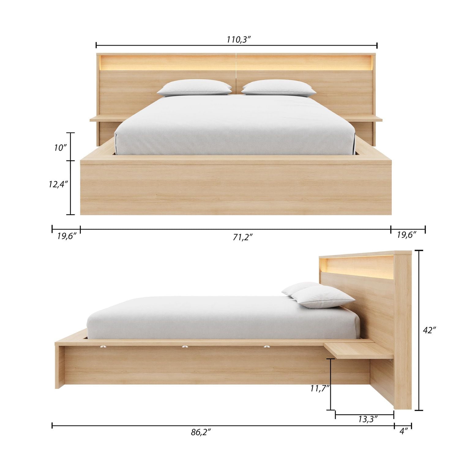Luna Bedroom Set with Slatted Bedframe, Wide Headboard with Lights and Shelves
