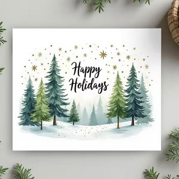 Happy Holidays Card with Evergreen Trees – Festive Winter Design – Blank Inside for Personal Messages – Perfect for Christmas Greetings and Seasonal Wishes