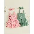 thumbnail image 3 of BemeyourBBs Newborn Baby Girl Smocked Romper Dress Summer Outfit Strap Sleeveless Square Neck Daisy Cherry Print Layered Ruffled Dress and Bow Headband 2Pcs Clothes Set, 3 of 9
