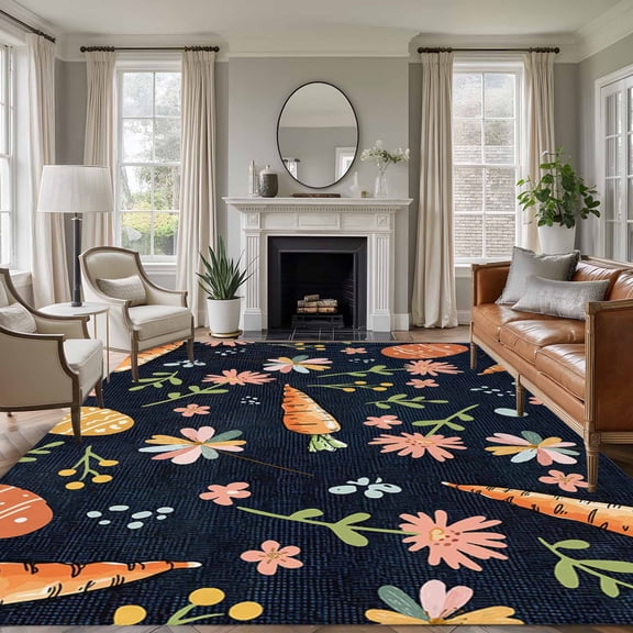 Easter Eggs Area Rugs 8'x10', Washable Small Throw Rugs for Living Room Patio, Carrots Spring Daisy Botanical Rustic Dark Blue Indoor Outdoor Rug Non-Slip Low Pile Carpet Runner Reversible Floor Mats