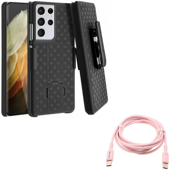 Case Belt Clip w Pink 6ft Long Cable for Samsung Galaxy S21 Ultra - Holster Swivel Cover, USB-C to Type-C PD Fast Charger Cord