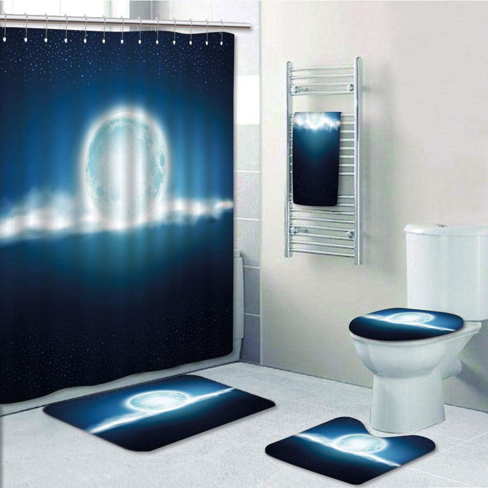 Galaxy Moon NonSlip Door Bath Mat Toilet Cover Rug Shower Curtain Bathroom Decor