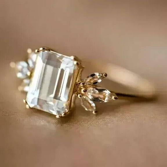 Emerald Cut Diamond Solitaire With Accent Engagement Ring 14k Yellow Gold Plated -6