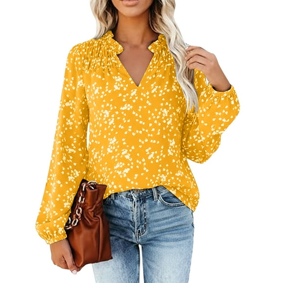 Arlun Flowy Chiffon V-Neck Long Sleeve Blouse for Women Elegant Polka Print and Shirred Detail Lightweight Soft Pullover Tops Loose Fit Comfy Shirts for Fall Winter Wear Yellow XL