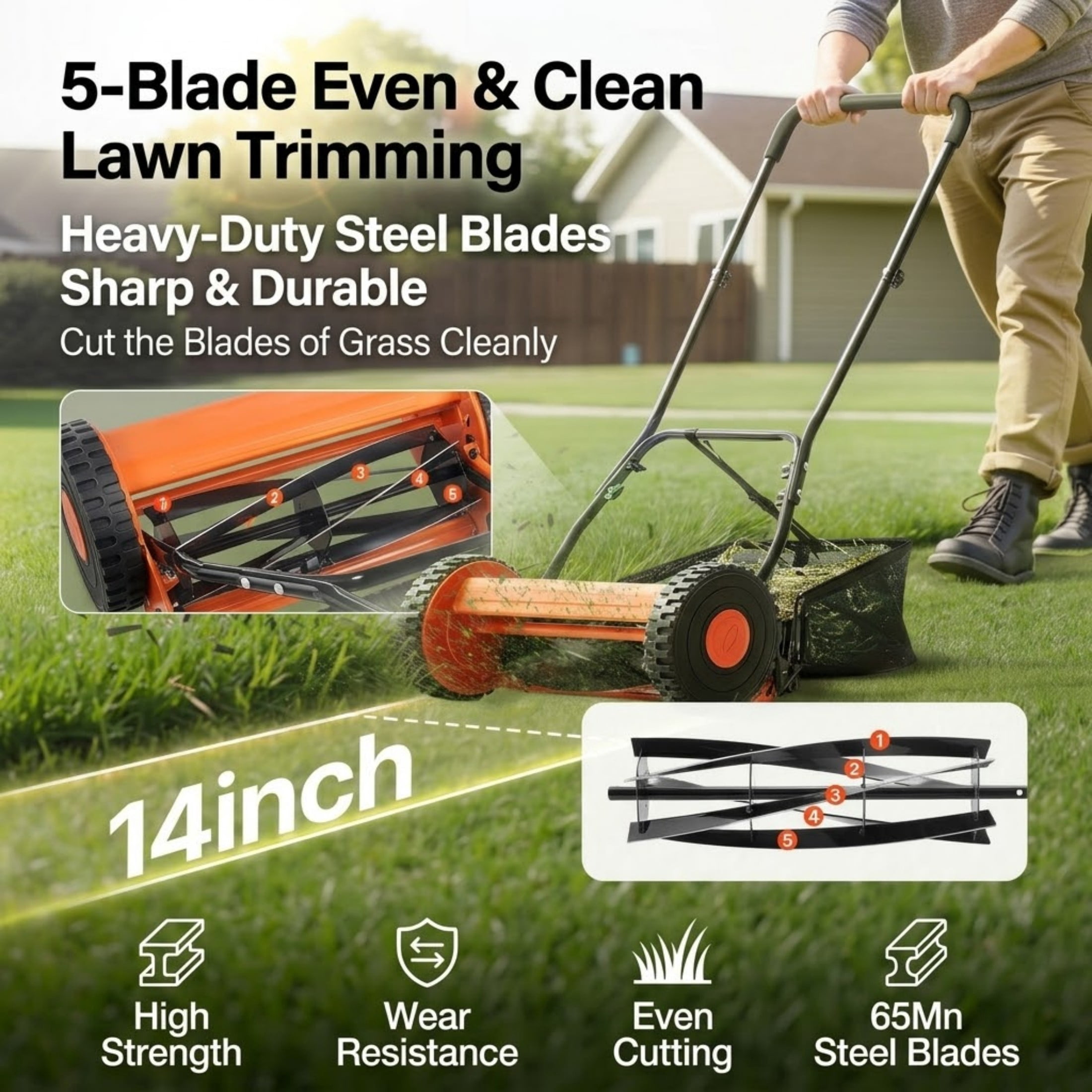 JUVOCT 14-Inch 5-Blade Push Reel Lawn Mower, Manual Walk-Behind Mower with Grass Catcher and Adjustable Height
