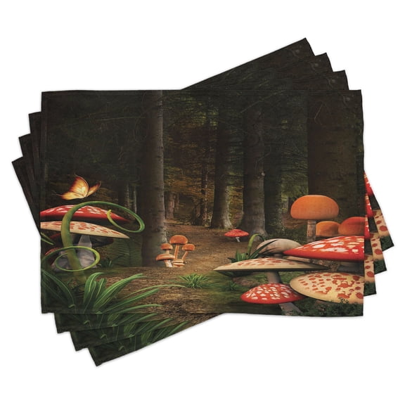 Ambesonne Nature Place Mats Set of 4, Mushrooms Dark Forest, Standard Size, Green Brown and Red