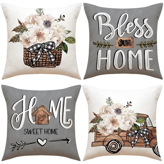 AUQ Fall Floral Home Sweet Home Throw Pillow Covers 18x18" Set of 4,Bless Our Home Cushion Case Decoration Farmhouse Decor for Couch Sofa