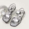 thumbnail image 6 of Silver Womens Open Toe Flat Sandals Casual Square Toe Elastic Back Slip On Sandals Soft Sole Pu Comfortable Silver Size 8.5, 6 of 9