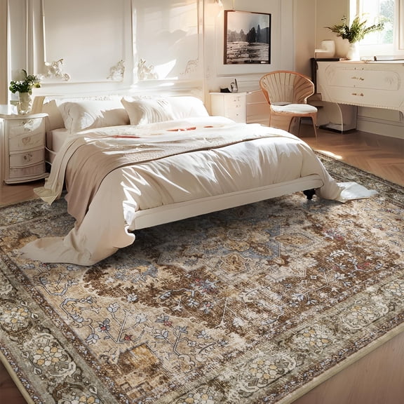 Sepia Brown Washable 5x7 Area Rug for Living Room, Bedroom, Dining Room - Soft Non Slip Vintage Carpet