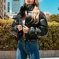 thumbnail image 4 of Noora Women's Black Leather Crop Bubble Coat Puffer Quilted Jacket With Zipper & Pocket | Zip Up Leather Jacket JS35, 4 of 9