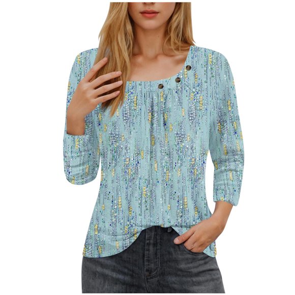 Blusas para las Mujeres Casual, 3/4 Manga Floral Estampado Camiseta de Moda Top Hecho de Poliéster Transpirable Suave para el Uso Diario de Primavera Otoño, Tops de Blusa para las Mujeres