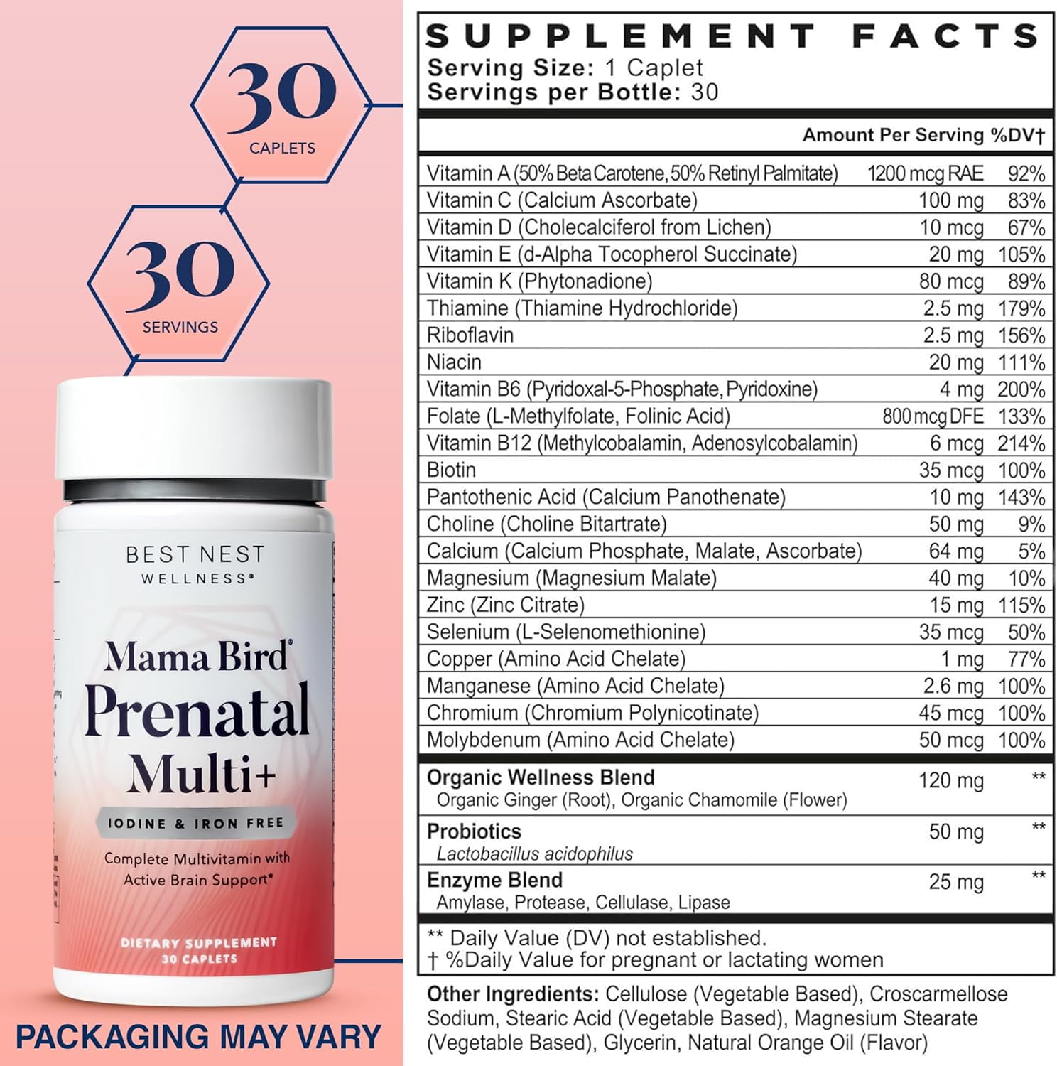 Best Nest Wellness Mama Bird Iron Free Prenatal Vitamins - No Iodine Pre Natal Multivitamin for Women, Vegan Prenatal Vitamins Without Iron, Methylfolate (Folic Acid) Once Daily with Gift Bag, 30Ct