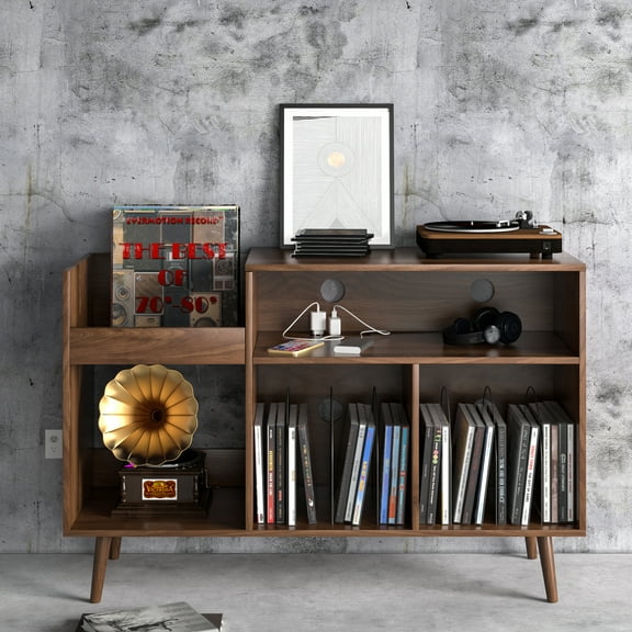 Record Player Stand, Vinyl Record Storage Cabinet with Charging Station & USB Ports, Mid-Century Turntable Stand Table Holds Up to 300 Albums Living Room Bedroom Office, Walnut