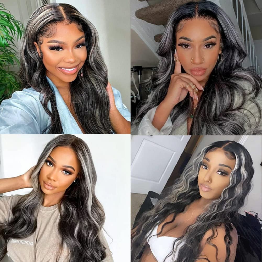 Highlight Grey Wig Human Hair Body Wave Lace Front Wig With Grey Highlights  Human Hair 4x4 Grey Highlight Lace Front Wig Human Hair Platinum Blonde  Highlight Wig For Black Women Hair 16