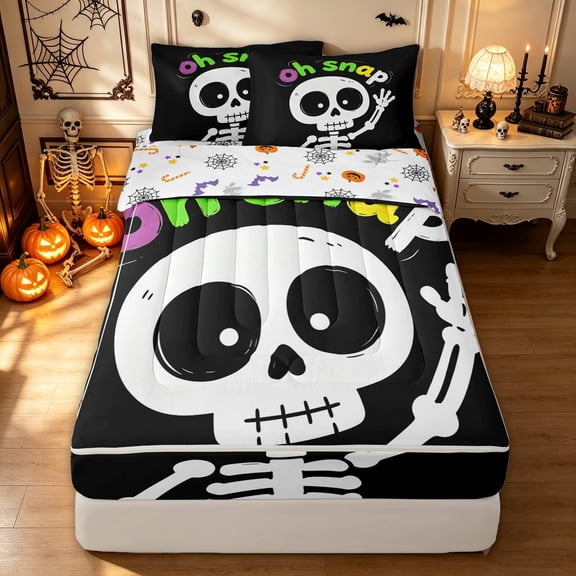 Feelyou Cute Skeleton Zipper Twin Comforter Sets with Fitted Sheet and 2 Pillowcases, Spooky Oh Snap Letter Zipper Bedding Set, Black, Halloween Reversible, 4pcs