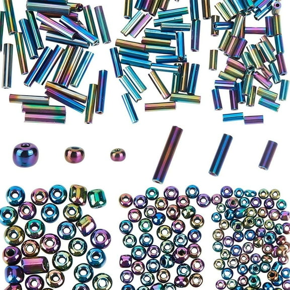 About 1825 Pcs Rainbow Plated Glass Bugle Beads Black Round Long Tube Seed Beads Metallic Colours Beads Loose Spacer Bulk Beads for DIY Crafting Jewelry Making Rainbow Plated